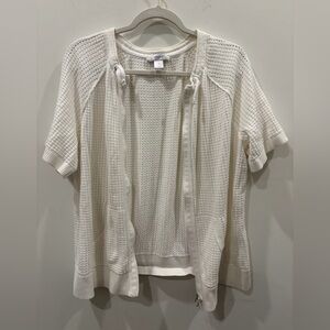 CJ Banks White Open-Front Knit Short-Sleeve Zip-Up Cardigan